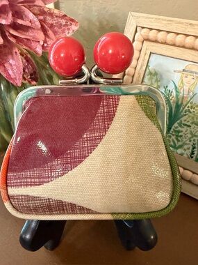 Sophia & Matt Coated Canvas Coin Purse with Red Accent Ball Kisslock Clasp- NWT